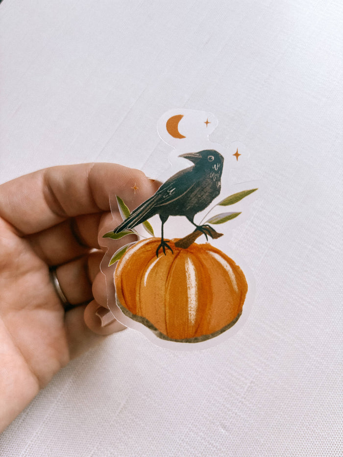 Crow with Pumpkin Clear Vinyl Sticker