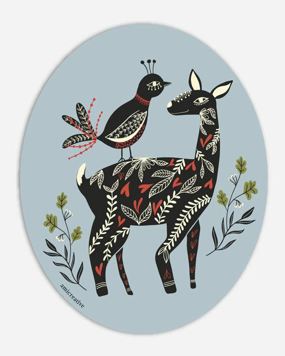 Bird & Deer Oval Vinyl Sticker