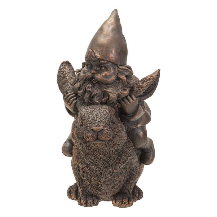 Garden Gnome on Bunny Rabbit Bronze-Look Sculpture