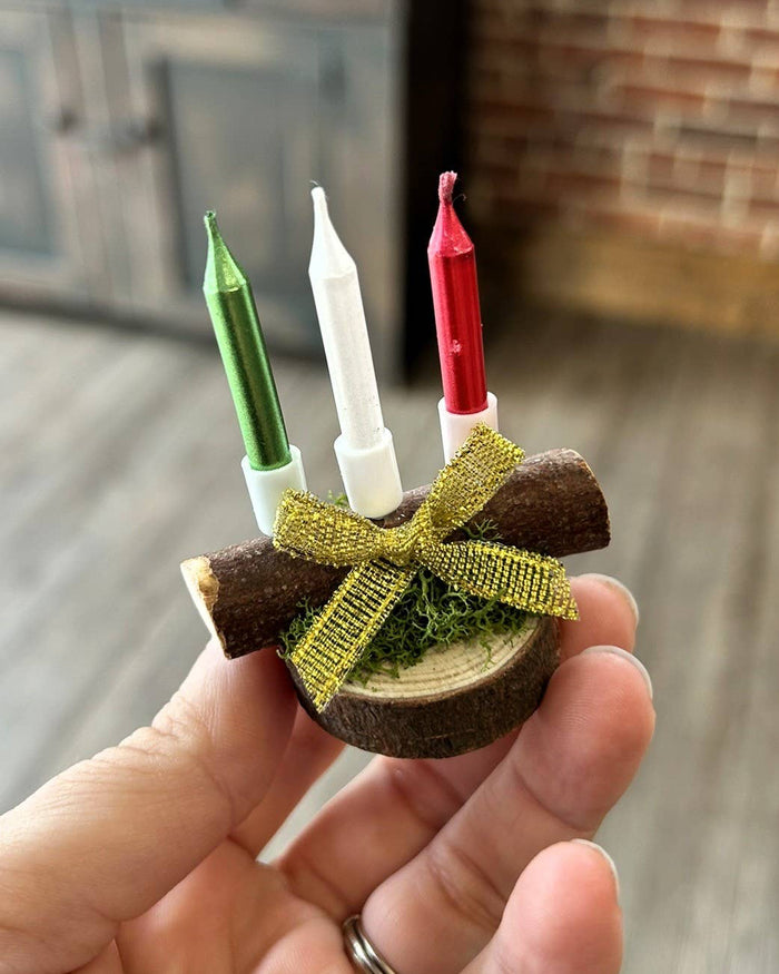 Mini Yule Log with Ribbon and Candles