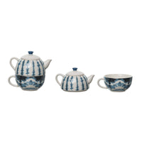 Teapot & Mug Interlocking Set with Blue Shibori Tie-Dye
