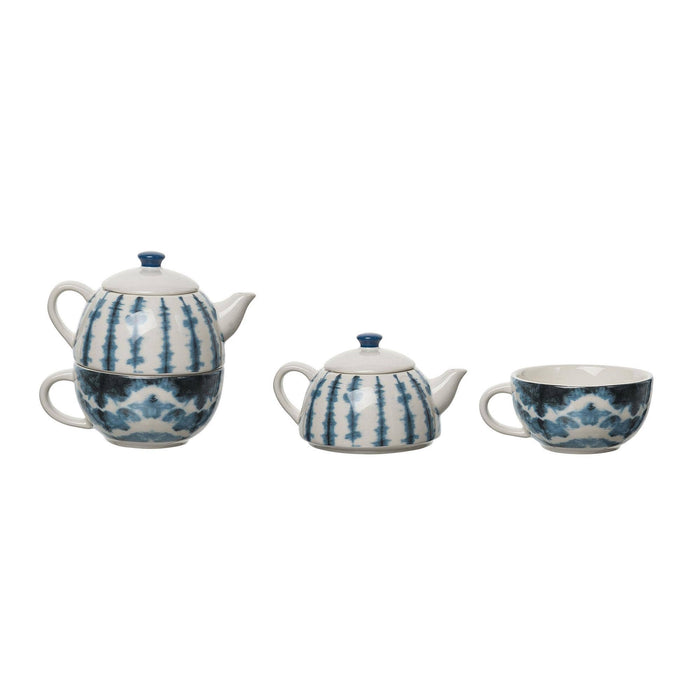 Teapot & Mug Interlocking Set with Blue Shibori Tie-Dye
