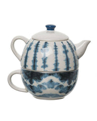 Teapot & Mug Interlocking Set with Blue Shibori Tie-Dye