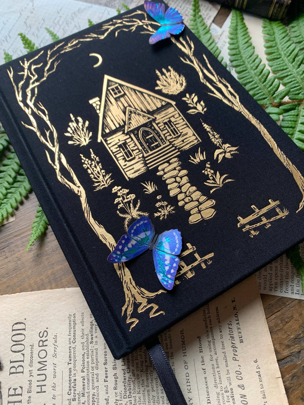 Woodland Cottage Lined Journal with Black Linen Binding & Foil Stamping