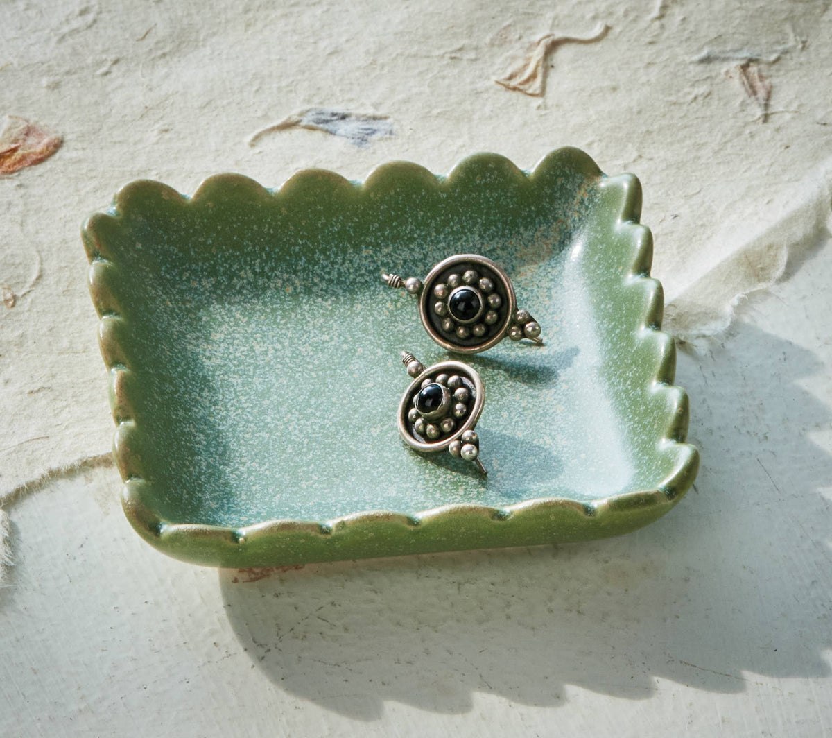 Light Green Square Stoneware Trinket Dish with Scalloped Edge