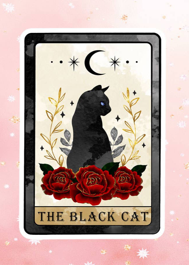 Black Cat Tarot Card with Roses Vinyl Sticker