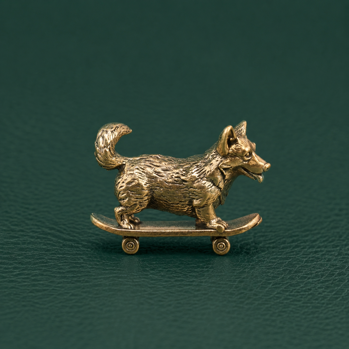 Solid Brass Skateboarding Corgi Figurine