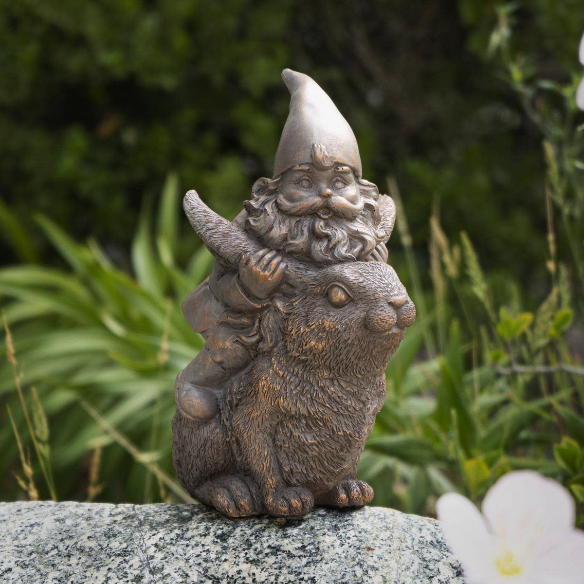 Garden Gnome on Bunny Rabbit Bronze-Look Sculpture