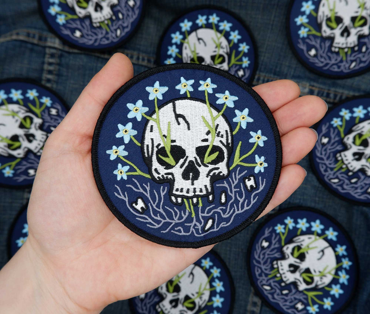 Forget Me Not Embroidered Skull Patch
