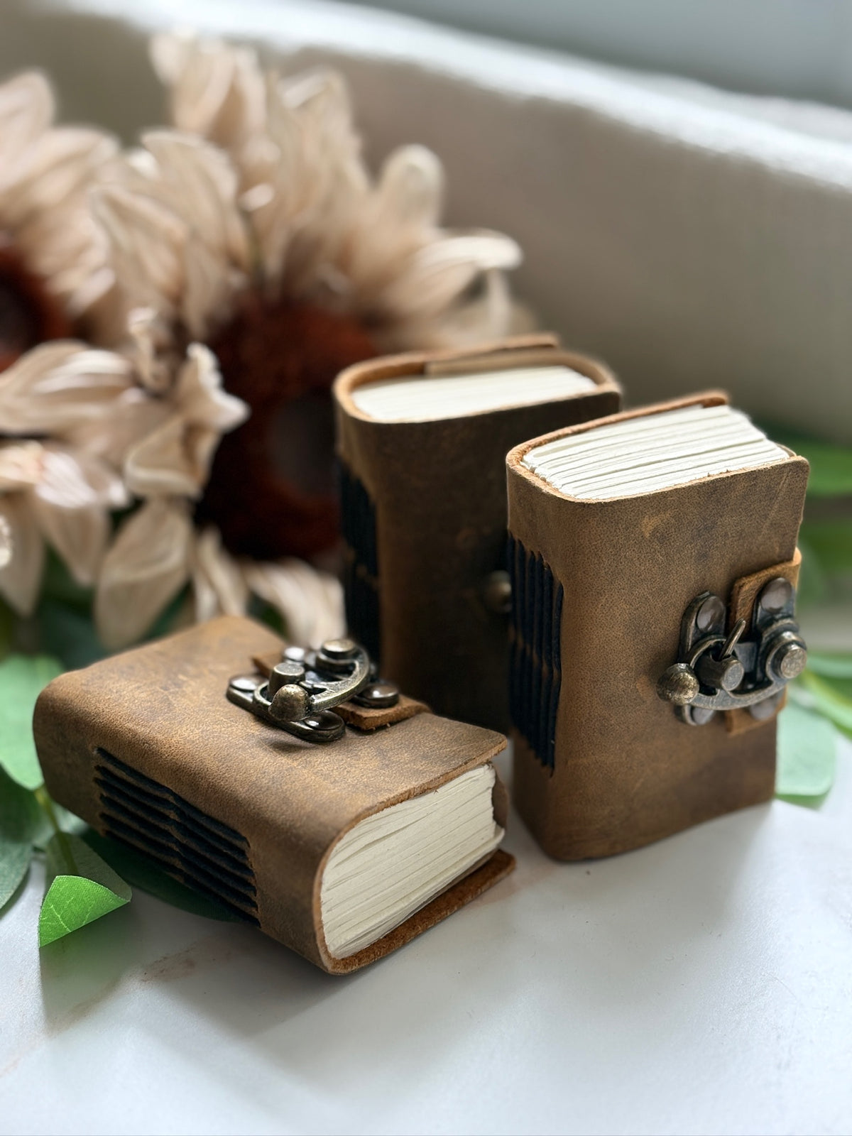 Mini Brown Leather Grimoire Journals with Metal Lock