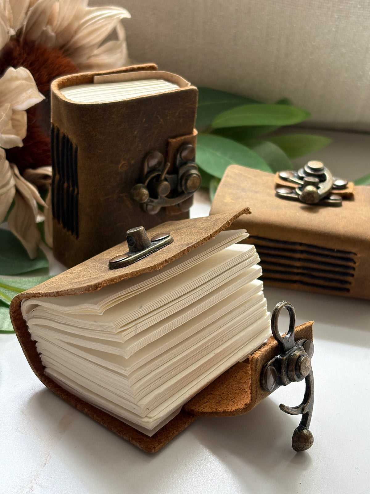 Mini Brown Leather Grimoire Journals with Metal Lock