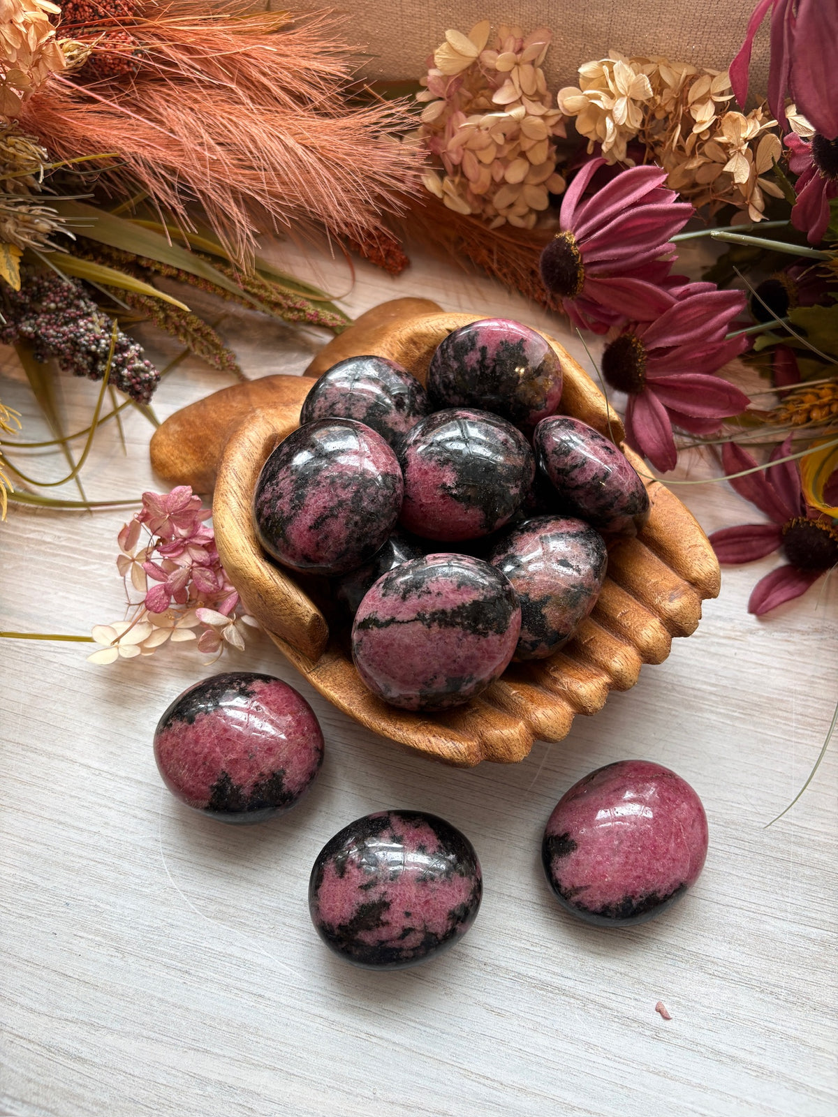 Rhodonite Palm Stones for Emotional Balance & Compassion