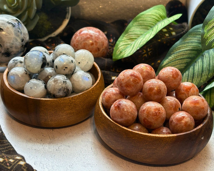 Sun & Moon Crystal Duo Set | Sunstone & Rainbow Moonstone Mini Spheres