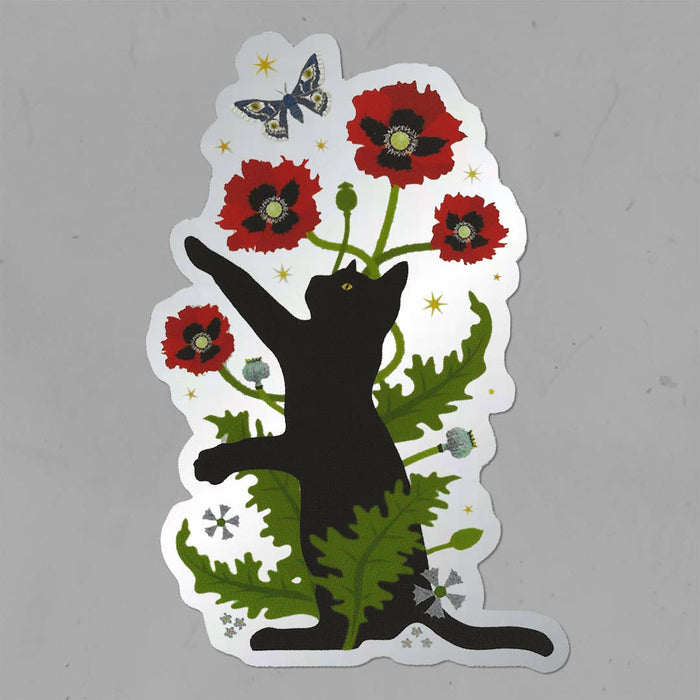 Black Cat & Poppies Matte Mirror PVC-Free Sticker