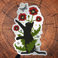 Black Cat & Poppies Matte Mirror PVC-Free Sticker