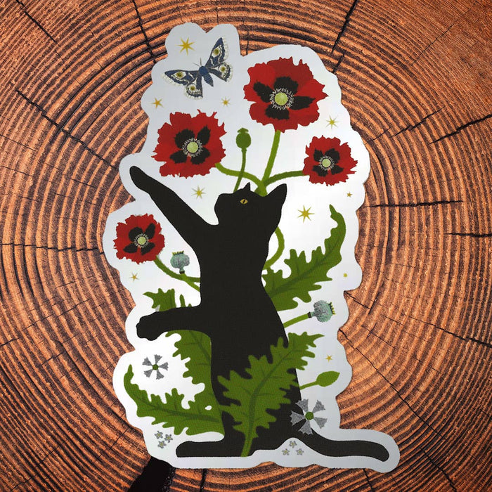 Black Cat & Poppies Matte Mirror PVC-Free Sticker