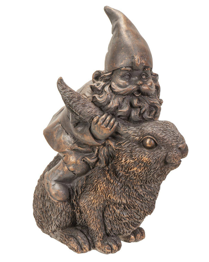 Bronze Gnome on Bunny Rabbit Statue
