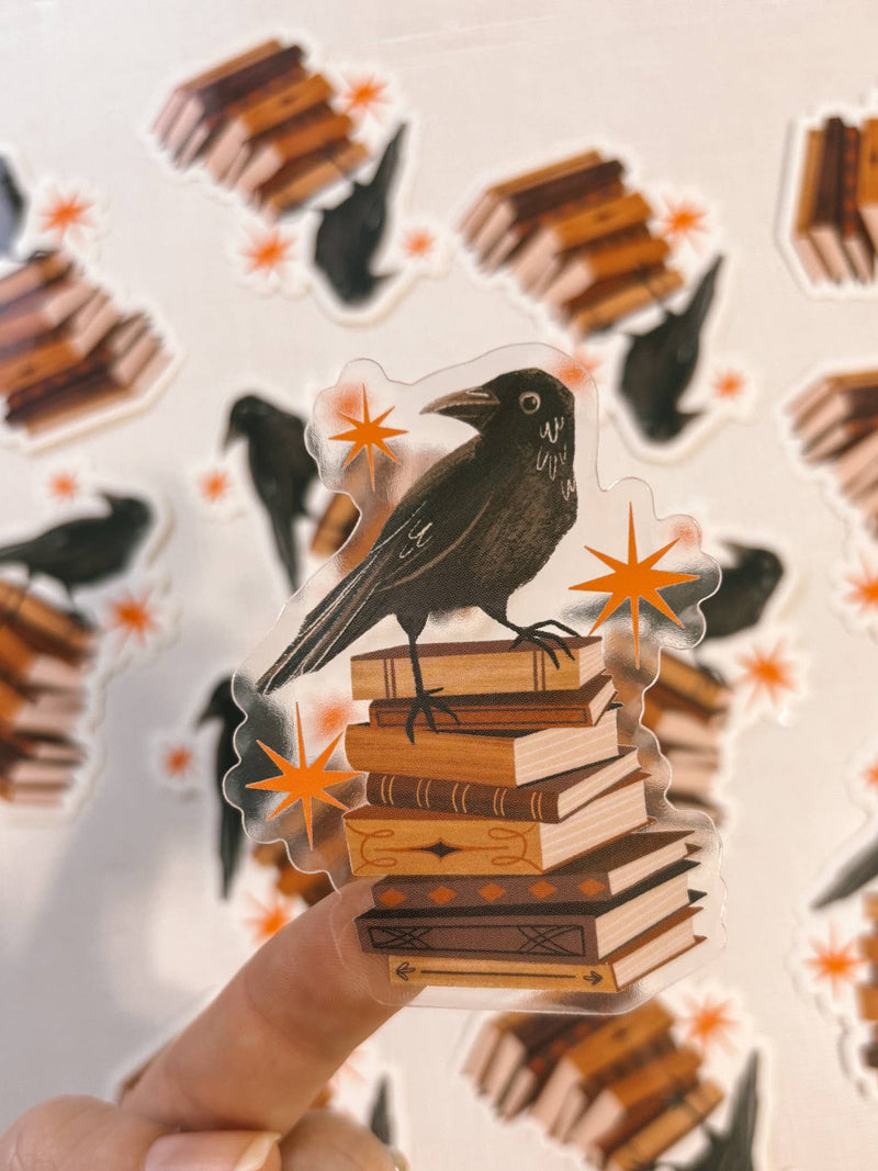 Raven with Books Clear Vinyl Sticker