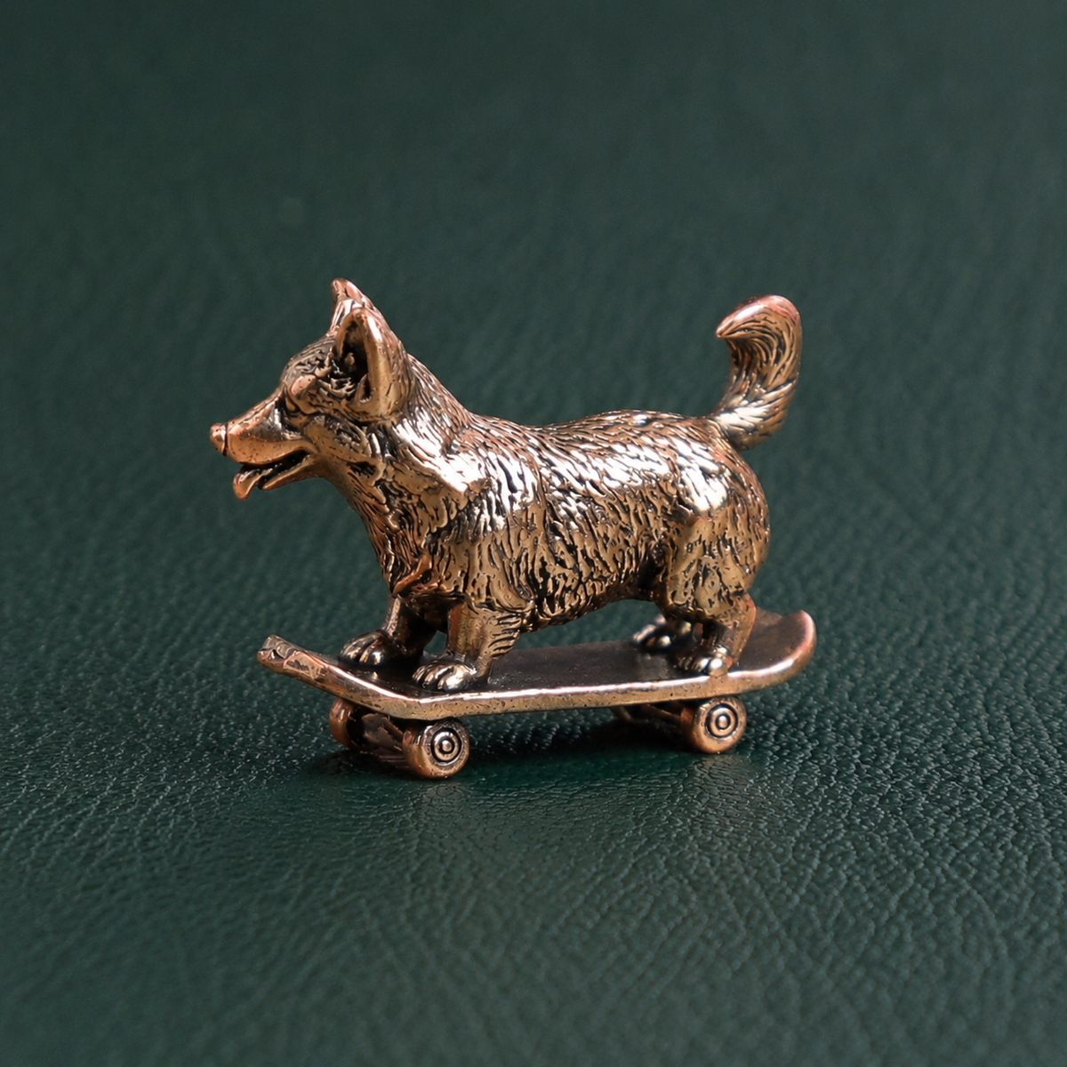 Solid Brass Skateboarding Corgi Figurine