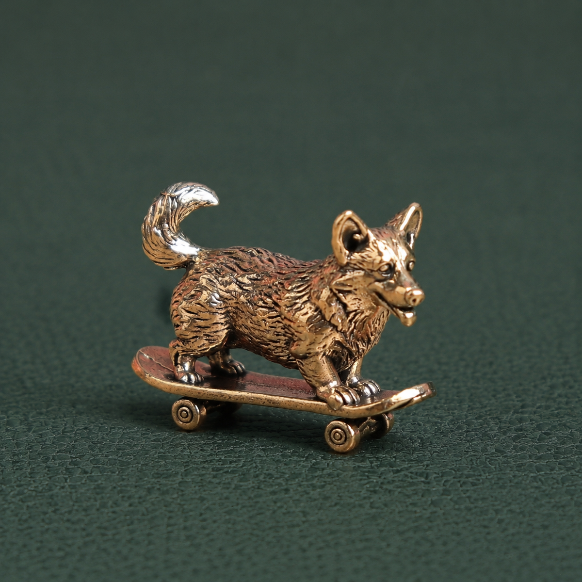 Solid Brass Skateboarding Corgi Figurine