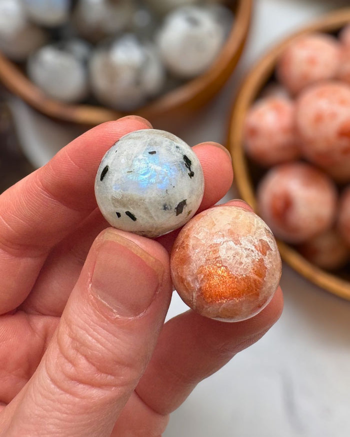 Sun & Moon Crystal Duo Set | Sunstone & Rainbow Moonstone Mini Spheres