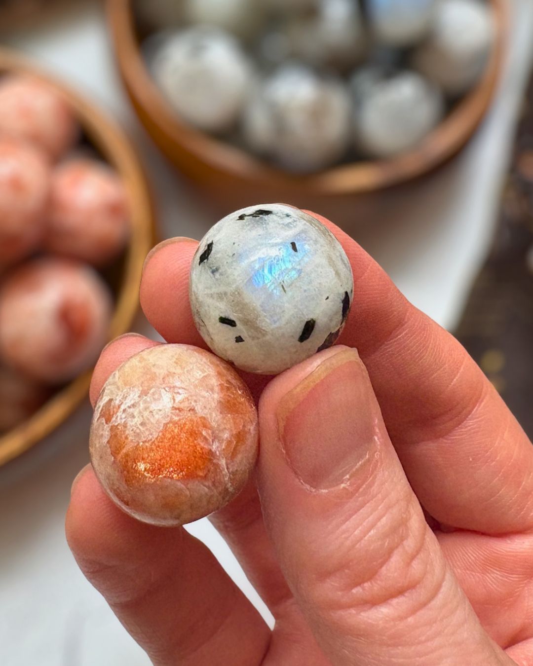 Sun & Moon Crystal Duo Set | Sunstone & Rainbow Moonstone Mini Spheres