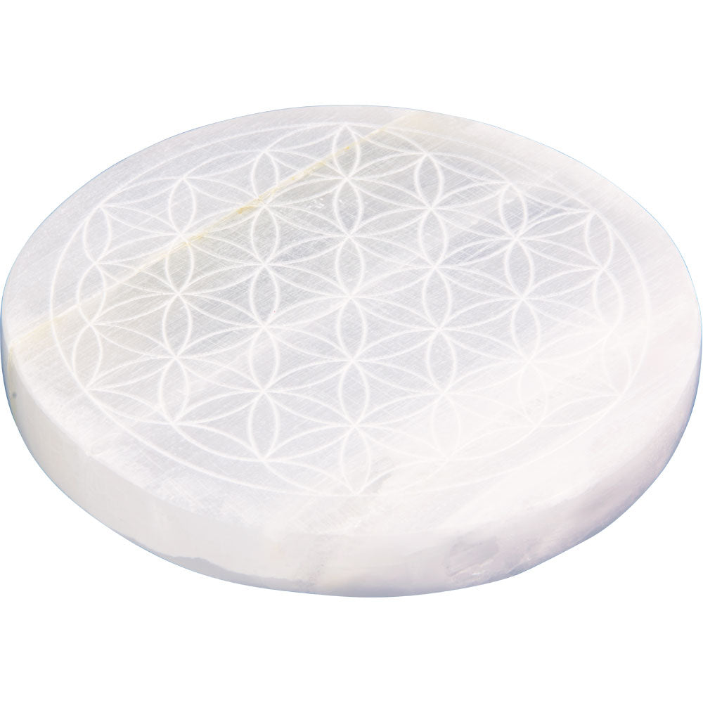Flower of Life Etched Selenite Charging Plates