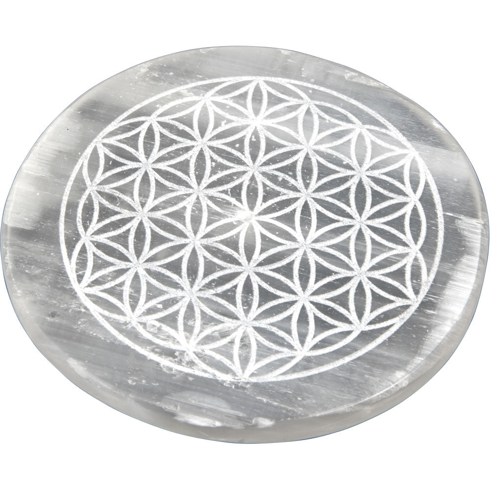 Flower of Life Etched Selenite Charging Plates