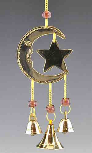 Brass Crescent Moon & Star Dangle Chime with Glass Beads