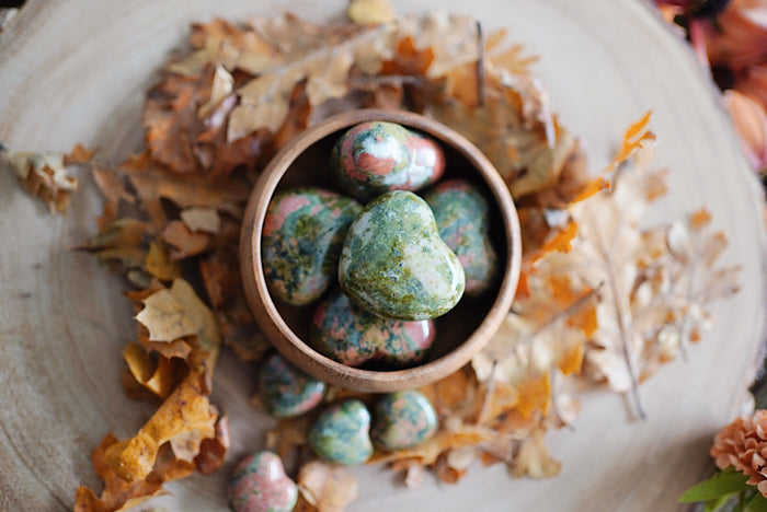 Unakite Heart Carvings for Balance & Healing