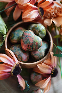 Unakite Heart Carvings for Balance & Healing