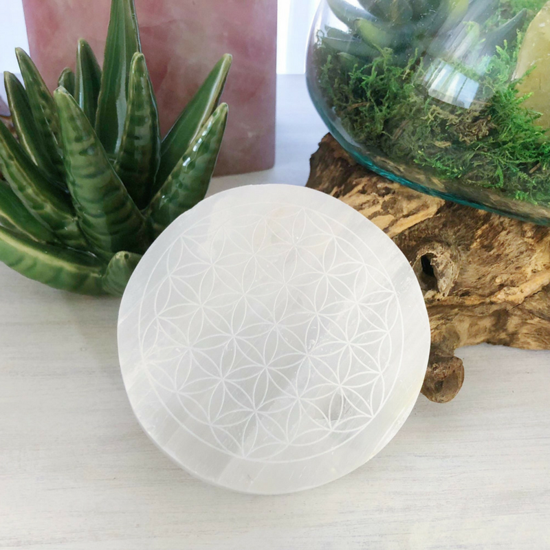 Flower of Life Etched Selenite Charging Plates