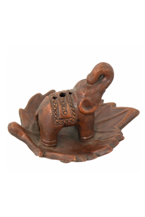 Terra Cotta Elephant on Leaf Incense Burner