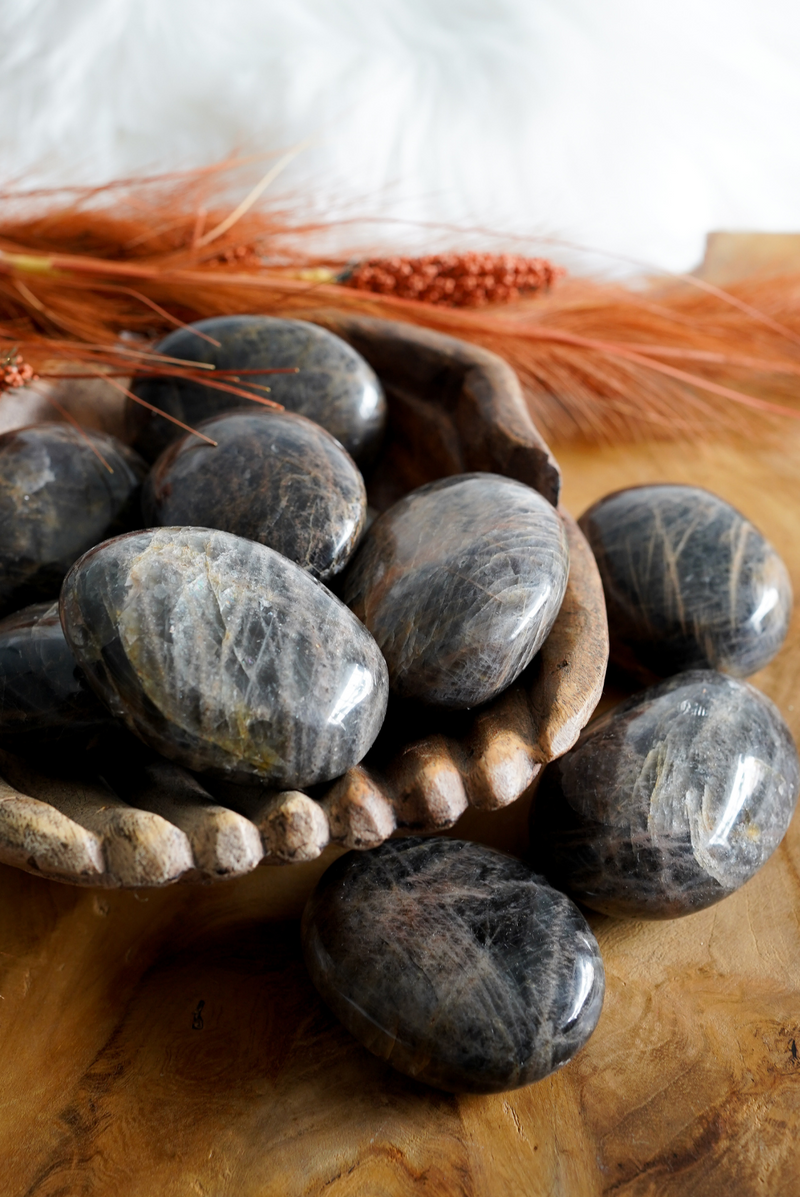 Black Moonstone Palm Stones for Turning Inward