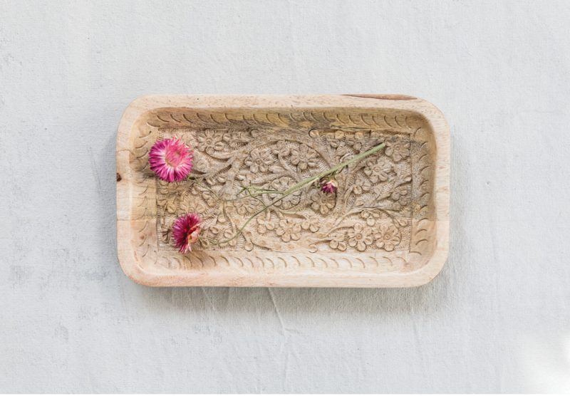 Hand-Carved Floral Mango Wood Tray