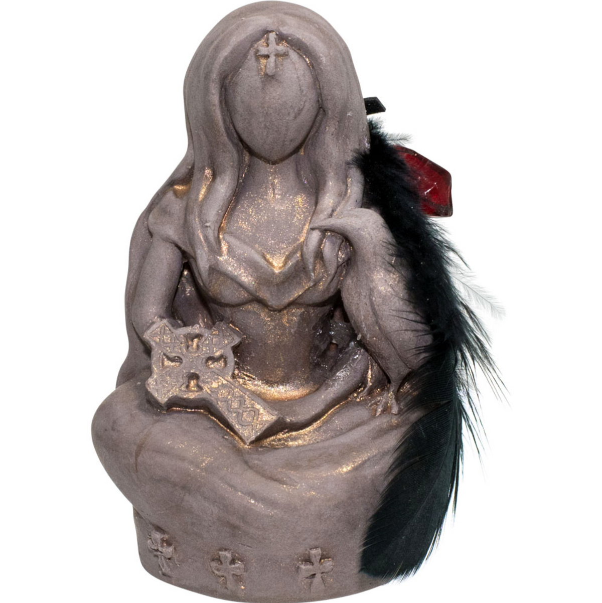 Morrigan Raven Goddess with Feather & Celtic Cross Statue