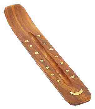 Wooden Sled Incense Stick Burner with Inlaid Brass Moon