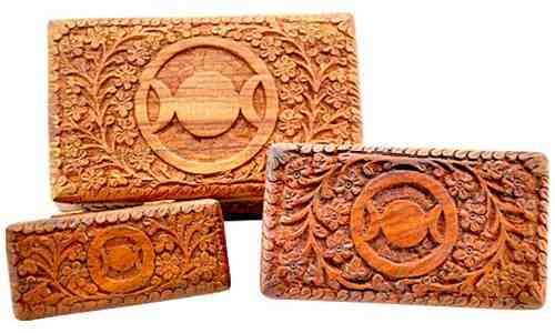 Carved Floral Triple Moon Wooden Box - Various Sizes